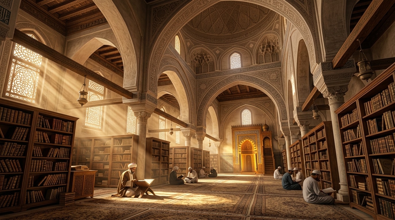 Historic Islamic Madrasa library with sunbeams and Quran studies